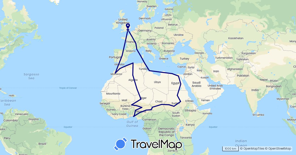 TravelMap itinerary: driving in Cameroon, Algeria, Egypt, Spain, France, United Kingdom, Libya, Morocco, Niger, Nigeria, Sudan, Chad, Tunisia (Africa, Europe)